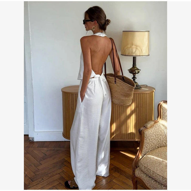 Elegant Floral Print Set Women Square Neck Sleeveless Ruffle Top Lace Up Floor Length Wide Leg Pants Sets Lady Casual Outfits