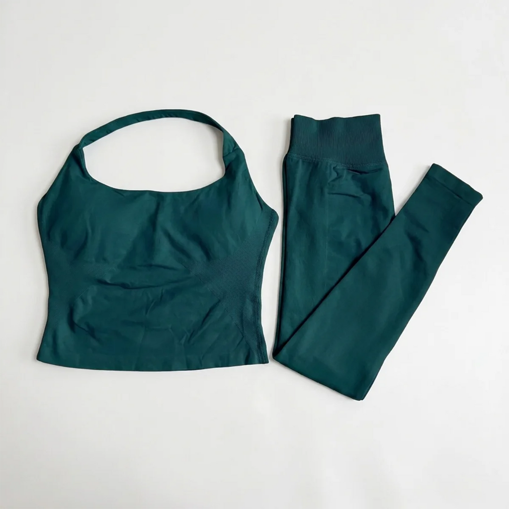 Halter Top Leggings 2-Piece Set Seamless Halterneck Backless Yoga Top+Scrunch Booty Leggings Fitness Gym 2pcs Set