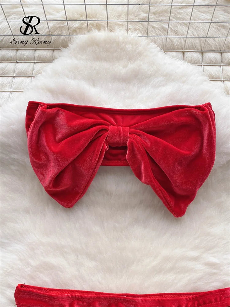 SINGREINY Christmas Erotic Lingerie Suits Ladies Strapless Bodycon Short Sleepwear Fashion Velvet Bow Sensual Underwear Sets