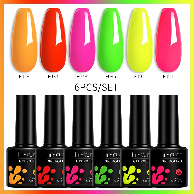 LILYCUTE 7ML 6PCS Neon Gel Nail Polish Set fluorescent Series Color Changing Semi Permanent Soak Off Manicure kit Nail Art Gel