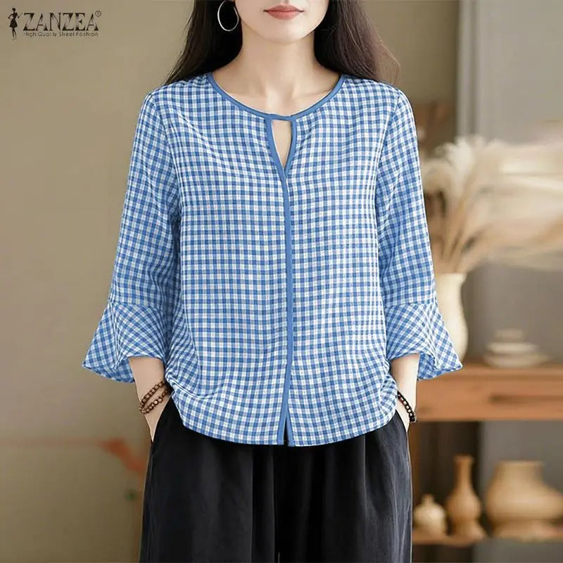 ZANZEA Women Summer Plaid Patchwork Blouse 3/4 Flare Sleeve Cut Out Tops Casual Loose Shirt Retro Chemise Female Work Blusas Secondary image