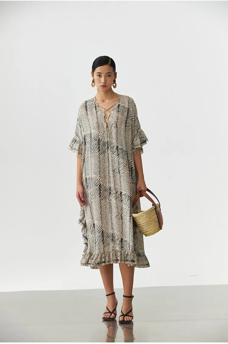 Animal Fiber Fabric~ Casual Dress for Women, Ruffled Silk Dress, Designer Niche Silk Long Dress, New Women's Fashion
