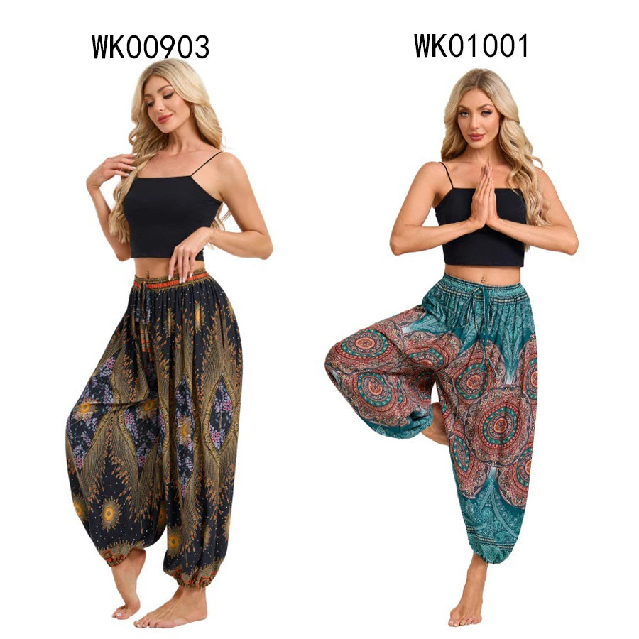 Women's Boho Wide Leg Harem Pants Adult High Waist Yoga Loose Lantern Pants Breathable Beach Trousers Vacation Printed Jagger