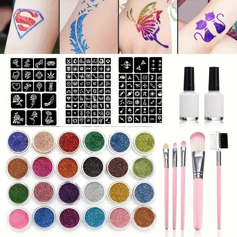 Glitter Temporary Tattoo Set 24 Colors with 2 Bottles of Glue,3 Sheets of Stencil Paper for Stage Performances,Christmas Parties Ürün ana görseli