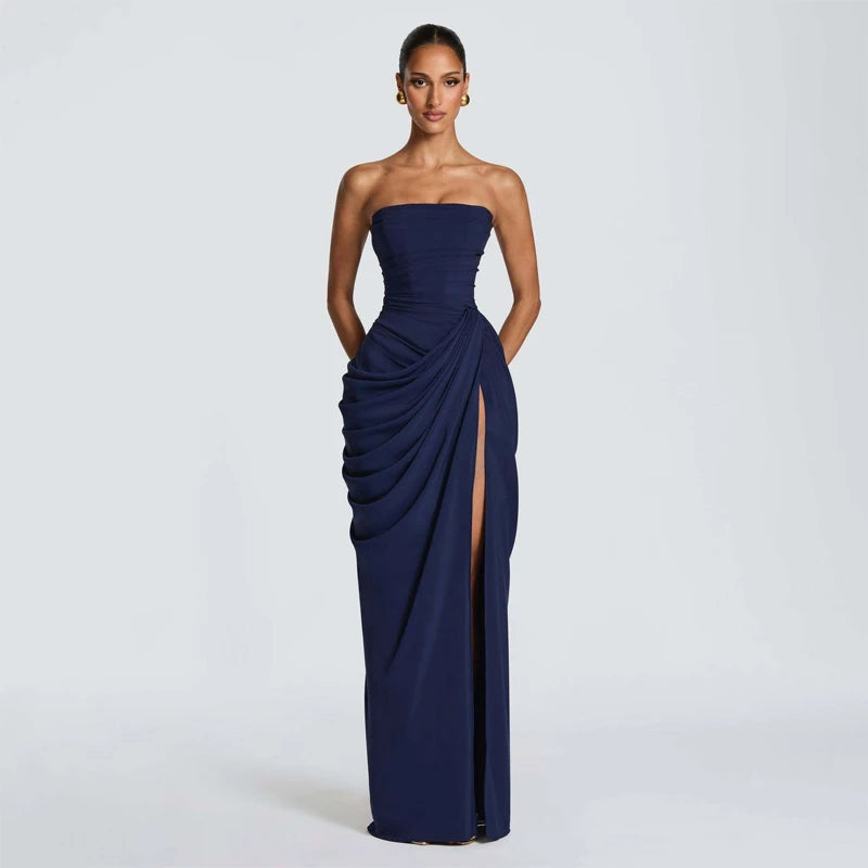 Women Solid Pleated Sexy Strapless Dress Lady Chic Off-shoulder Backless High Waist Split Dresses 2026 New Evening Party Gown