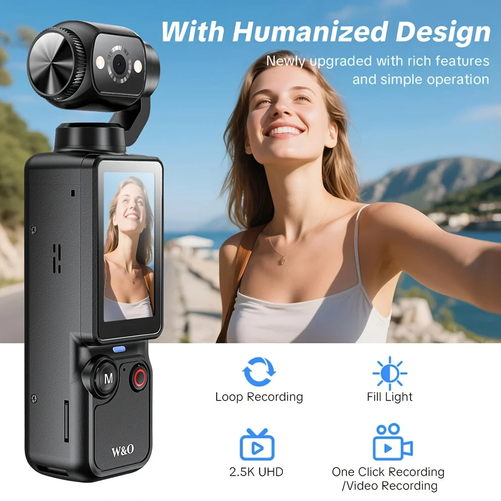 W&O 4K HD Action Camera, 1.9'' CMOS Sensor, 180° Rotatable, USB Rechargeable, Handheld Sports Vlog Camera for Daily Recording