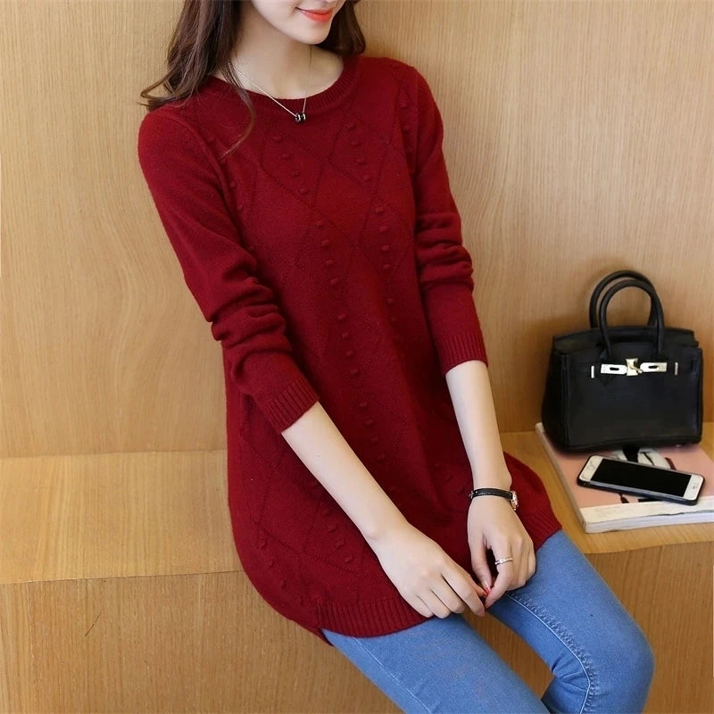 Knitted Jumper Autumn Winter Tops O-neck Long Sleeve Pullovers Casual Warm Women's Sweaters Midi Long Slim Sweater Girls Ürün ana görseli