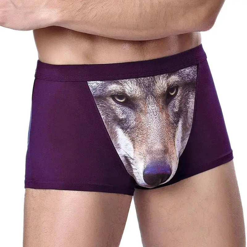 Men's Unique 3D Printed Wolf Eagle Head Flat Angle Pants Mid-waist Boxer Shorts Breathable Knitted Modal Fabric