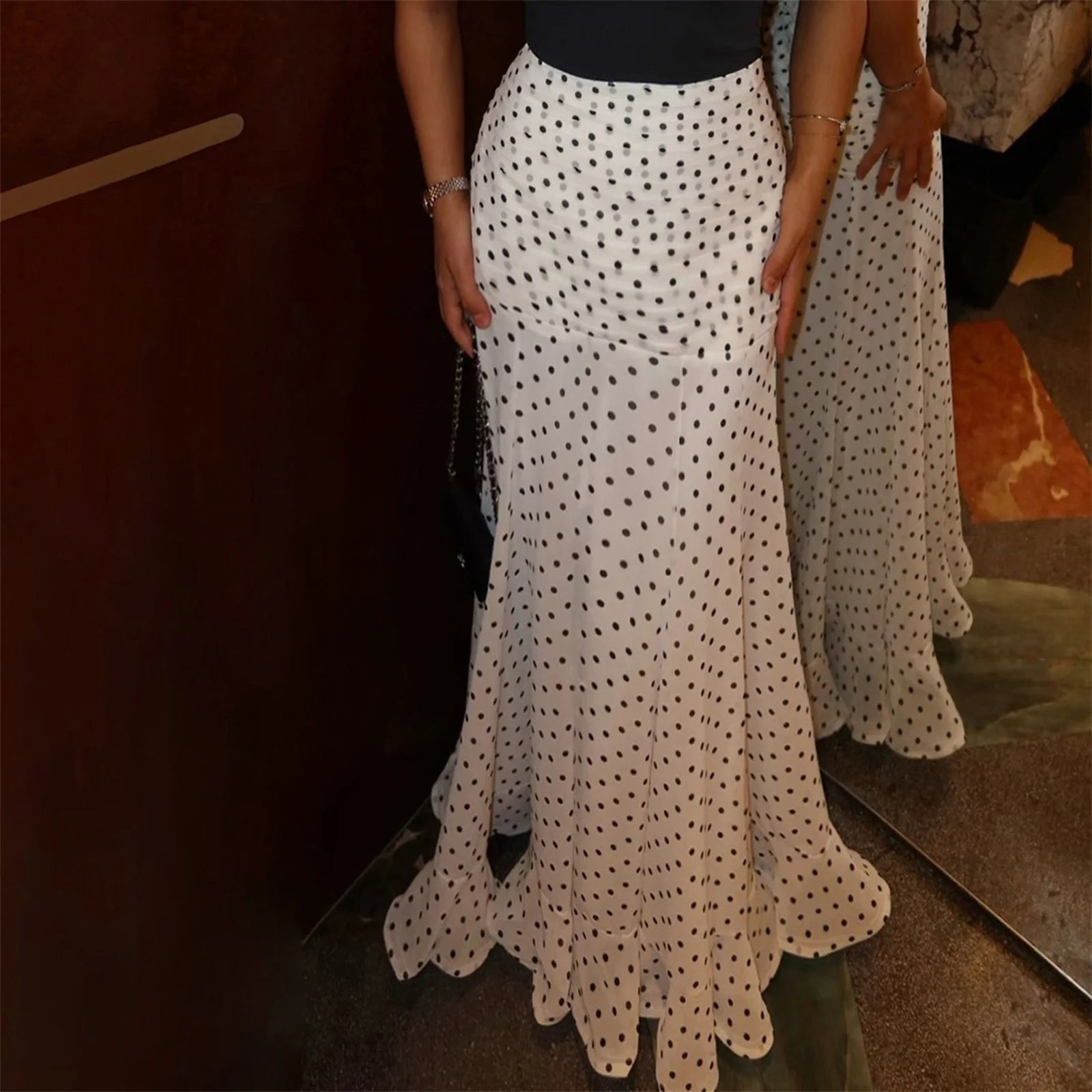 hirigin Polka Dot Floor-length Chiffon Skirt French Style Ruffled Mesh A-line Skirts Elegant Maxi Bottoms High Waist Streetwear Ürün ana görseli