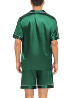 Men's Silky Satin 2Pcs Pajama Set Short-Sleeve Lapel Chest Pocket Shirt And Shorts Smooth Touch Soft Sleepwear Cozy Nightshirts