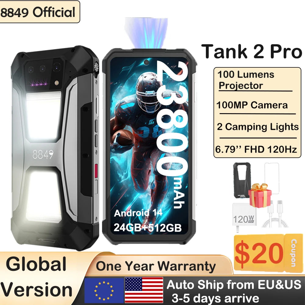 8849 Tank 2 PRO Projector Rugged Smartphone Android 2.4K 24GB 512GB 100MP Camera 23800mAh 120W Dual Sim OTG Phone Ürün ana görseli