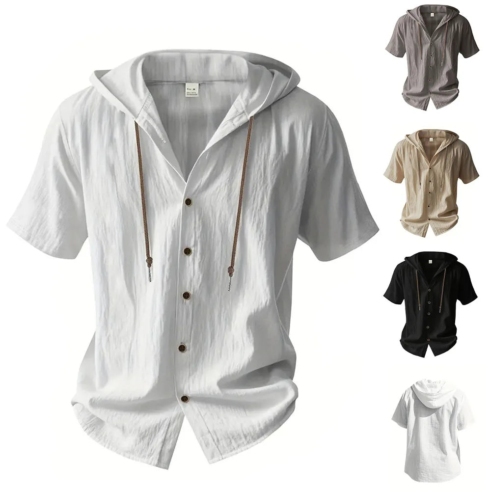 Cotton Linen Shirt for Men Hooded Short Sleeve Solid Color Breathable Lightweight Drawstring Design Shirts Casual Basic Tees Ürün ana görseli