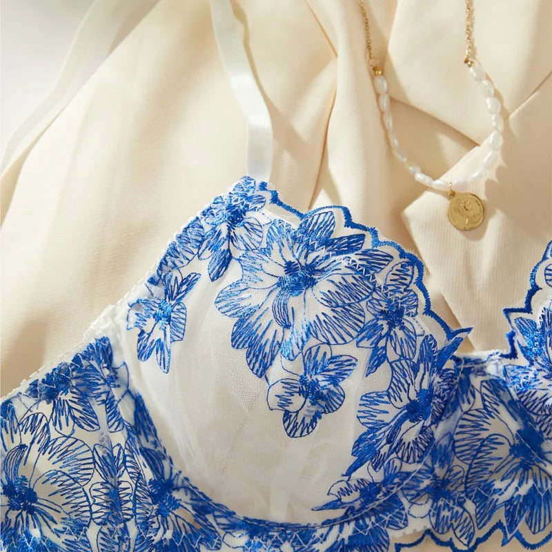 Blue Lingerie Set Lace Embroidery Bra Panty 2Piece Sheer Tulle Fantasy Underwear for Women