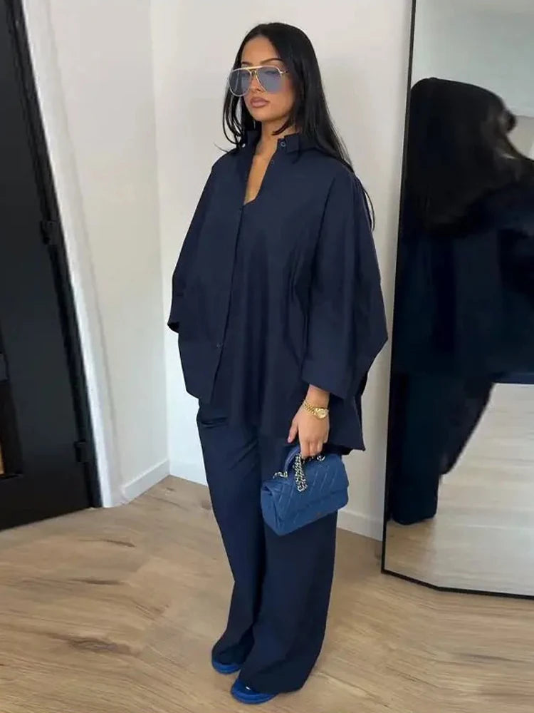 Women Solid Lapel Full Sleeves Pant Suits Chic Single Breasted Wide-leg Long Pants Sets 2026 Lady  Casual Daily Loose Fit Outfit Secondary image