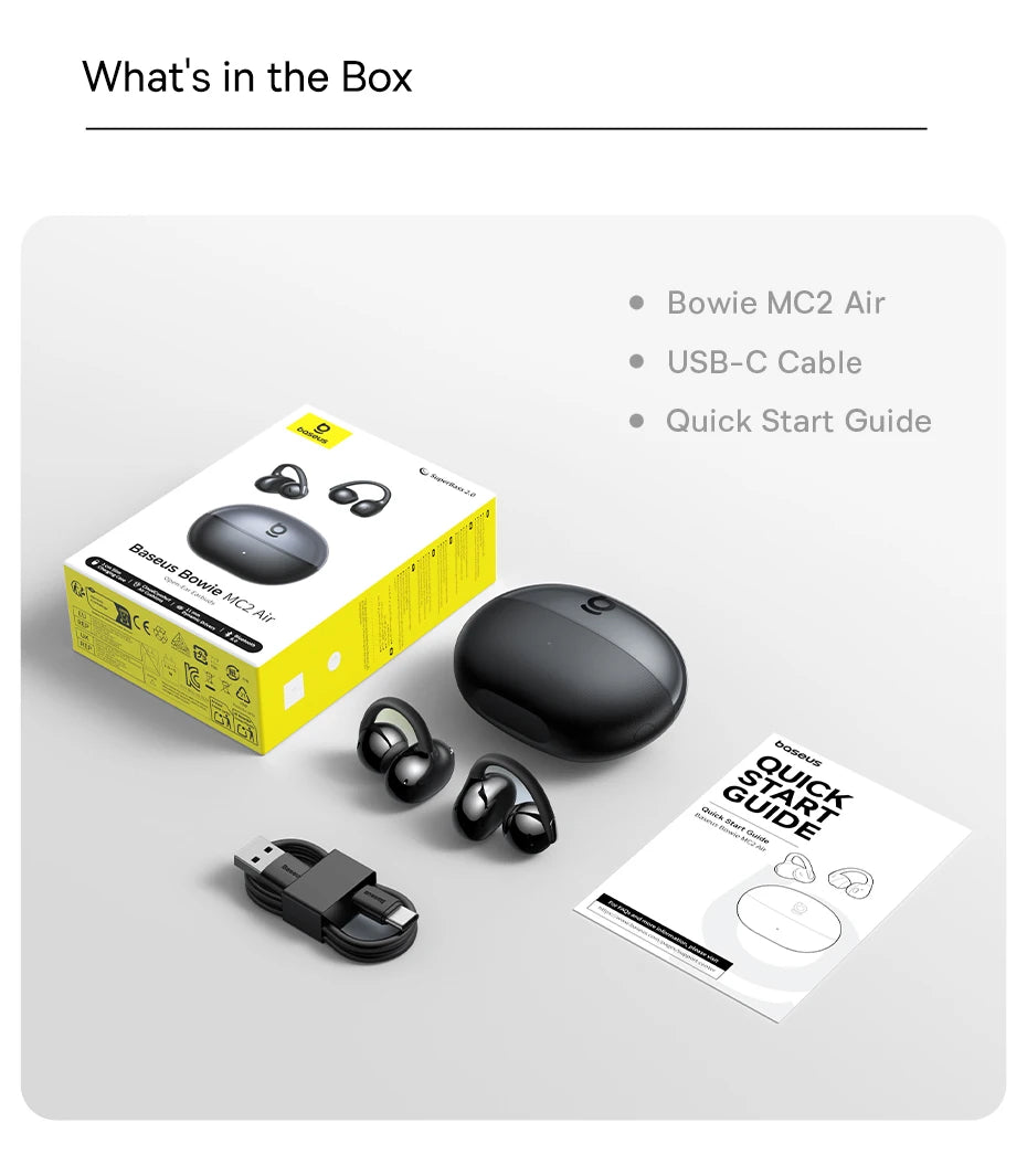 Baseus Bowie MC2 AIR Clip-on TWS Earbuds Ear Clips Wireless Earphones Bluetooth 6.0   Open earrings 4 Mic ENC Sports Headphone