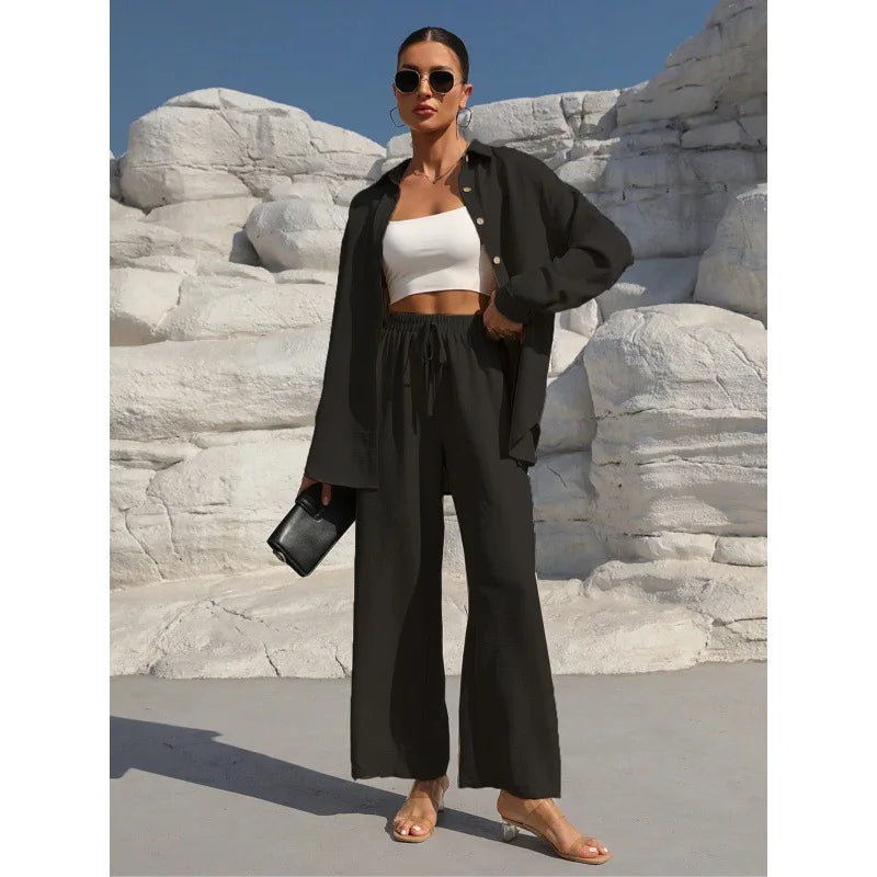 Plus Size Casual Loose Two-Piece Set Wide Leg Pants Long Sleeve Shirt Light Beige Street Style Elegant Quality Polyester Summ... Ürün ana görseli