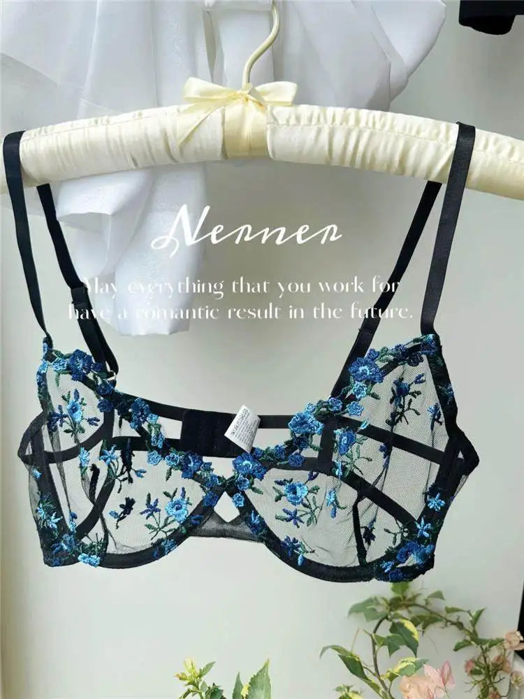 YUQI French Luxury Lingerie Set - Sexy Floral Embroidery Black Bra & Panty Set, Sheer Transparent Seductive Women's Intimates