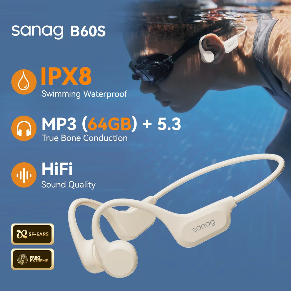 Sanag B60S Bone Conduction Earphone IPX8 Swimming Bluetooth Headphones Wireless Headset 32GB/64GB MP3 with Microphone Earbuds Ürün ana görseli