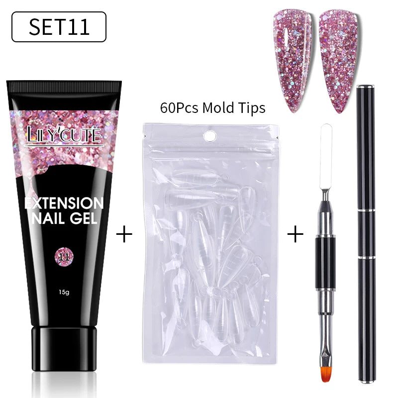 LILYCUTE 15ml Extension Gel Nail Polish Set Quick Nail Prolong With Extend Mold Nail Tips Acrylic Solution Manicure Tools Kit