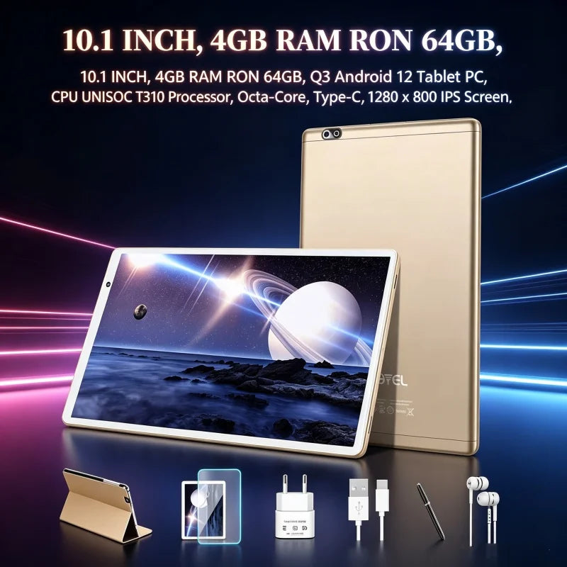 Android 12 Tablet PC Q3 CPU 10.1 INCH 4GB RAM 64GB ROM UNISOC T310 Processor, Octa-Core Cortex-A53 Type-C WIFI 1280 x 800 pixels Ürün ana görseli