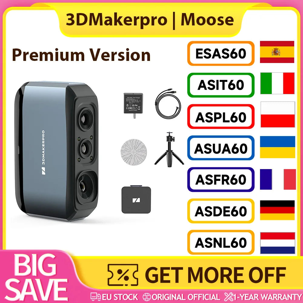 3DMakerpro Moose 3D Scanner, Al Visual Tracking, 0.07mm Resolution, 0.03mm Accuracy, Blue LED Light Source, 24-bit Color Camera, 10fps Frame Rate, Anti-Shake Lenses, Compatible with Windows/MacOS - Premium Version, Marker Fre Ürün ana görseli