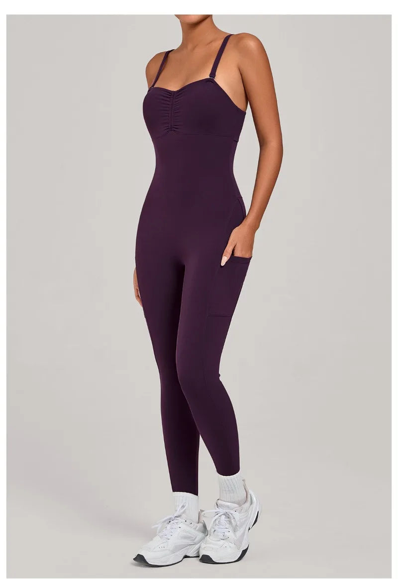 Women's Yoga Jumpsuits Sports Fitness One-piece Beauty Back Strap Pocket Hip-lifting Slim Fit Running Workout Training Bodysuits