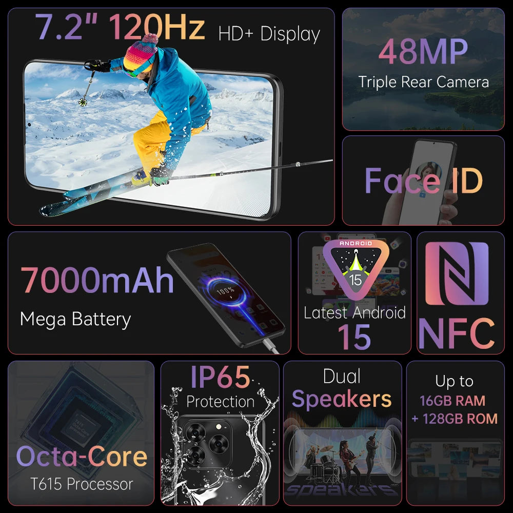 Cubot Note 60 Smartphone, Android 15, 7.2-inch 120Hz Display, Octa-core,16GB(6+10GB )RAM 128GB ROM, 48MP Camera, 7000mAh Battery