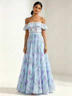 2026 summer off-the-shoulder tulip print plus size slimming square neck maxi dress