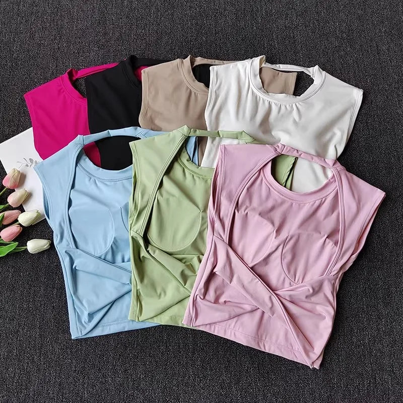 Women's Slim Fit Open Back Sports Tank Built in Fixed Cups Breathable Pilates Yoga Workout Top