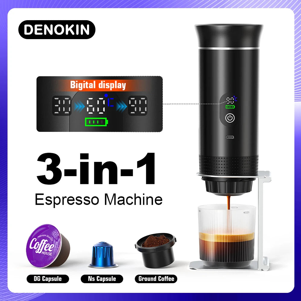 DENOKIN Portable Espresso Coffee Machine With Digital Display 3-in-1 Capsule Coffee Maker for Car & Home Camping Coffee Maker Ürün ana görseli