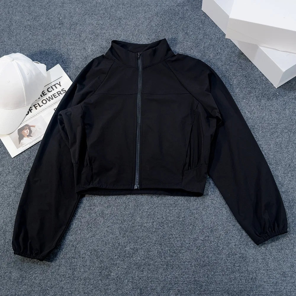 Yoga Wear American Style Sports Windproof Stand Collar Sun Protection Jacket Breathable Top Outdoor Quick-Dry Short Zipper Women