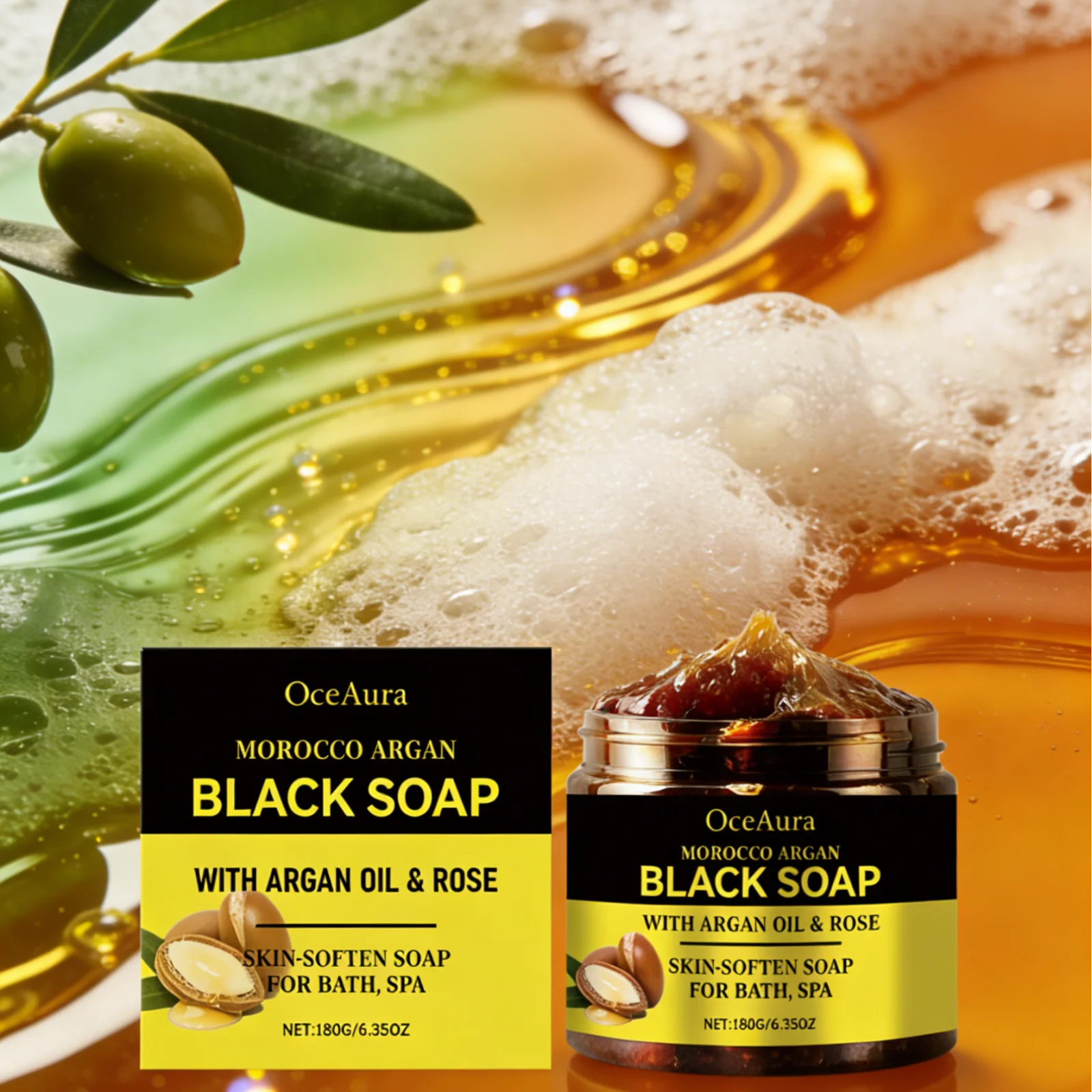 OceAura Black Soap Morocco Argan Oil Exfoliating Body Smooth Soft Professional Skin Cleaning Spa Rose Flower Oil Bath Soap 180g Ürün ana görseli