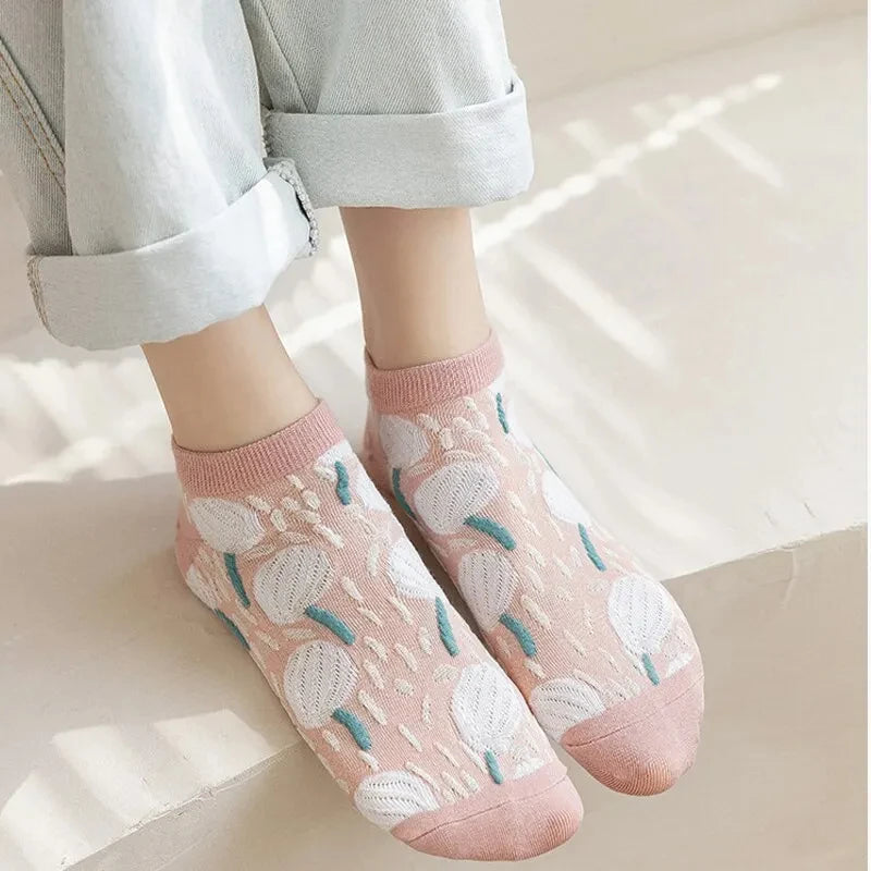 5 Pairs of Kawaii Cute Flower 3D Textured Ankle Socks - Vintage Style Thin Low Cut Hosiery for Womenity Pink Boat Socks Female