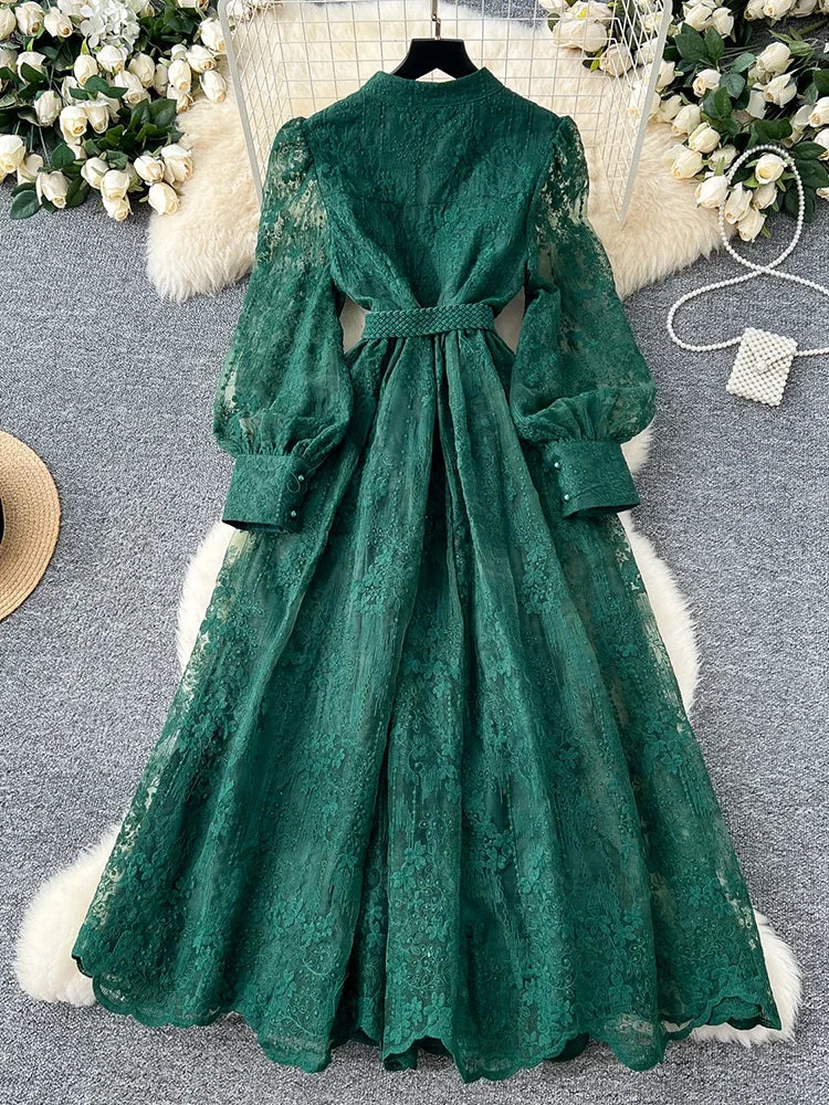 Spring Autumn French High-end Women's Dress New Lace Embroidery V-neck Lantern Sleeves Single Breasted Party Birthday Dress C192
