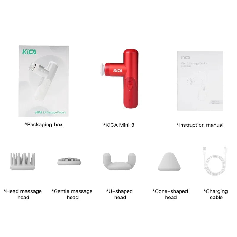 Kica Mini 3 Massage Gun, 3000RPM Stepless Speed, 7kgf Impact Force, 4 Heads, 255g Lightweight Sport Muscle Massager