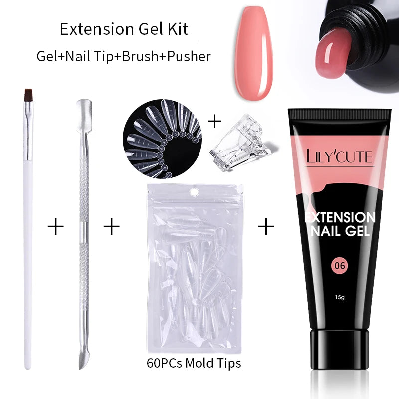 LILYCUTE 15ml Extension Gel Nail Polish Set Quick Nail Prolong With Extend Mold Nail Tips Acrylic Solution Manicure Tools Kit