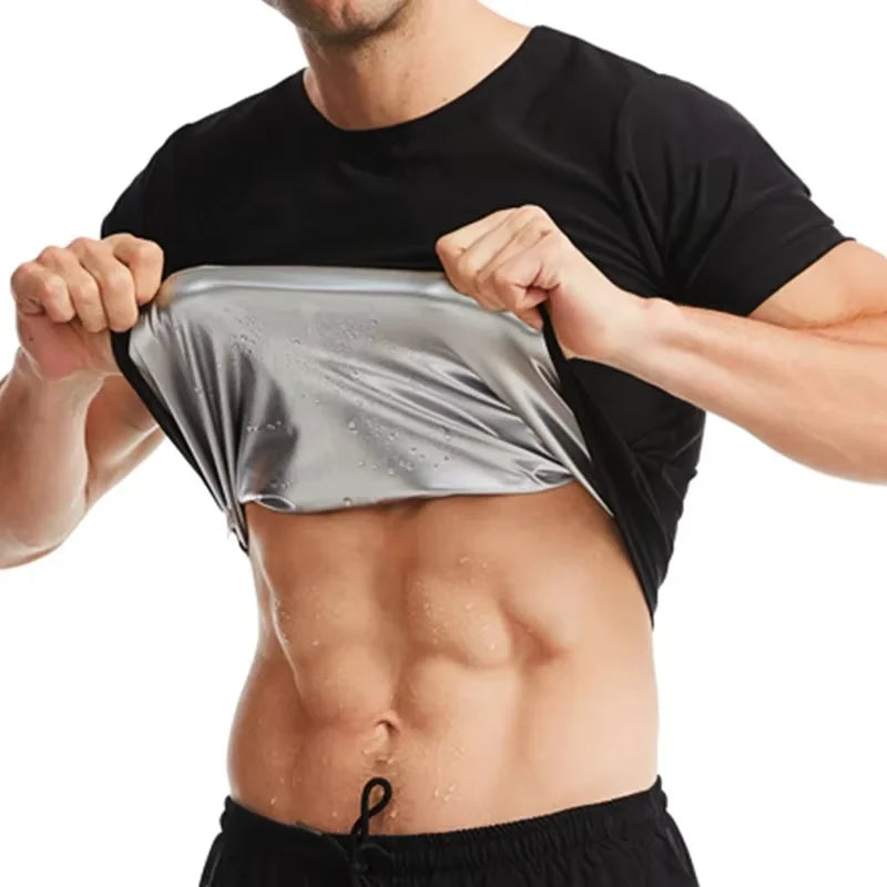 Men Sauna Sweat Short Sleeve Heat Trapping Shirts Sauna Suits Fitness Sweat Waist Slimming Shaper Workout Compression Shirt