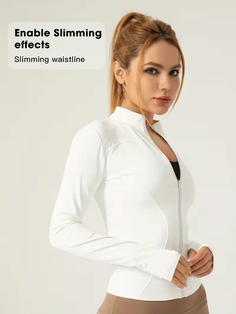 Women Slim Fit Stand Collar Sports Jacket Zip Up Yoga Jacket Quick Dry Slim Waist Running Workout Coat For Spring Secondary image