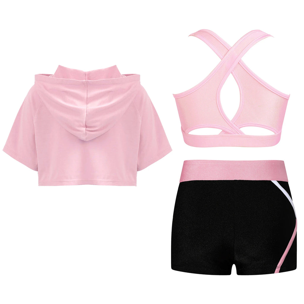 3Pcs Girls Sports Set Vest+Hooded Crop Top+Shorts Sportswear Set for Child Dance Yoga Running Cycling Workout Costume Activewear