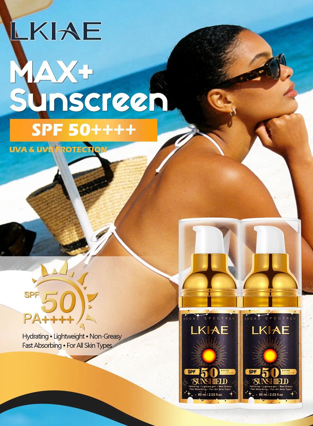 LKIAE Sunscreen, Broad Spectrum SPF 50, UVA/UVB, Lightweight & Non-Greasy, Sunblock, for Face, Body, Non-Comedogenic, 60ml