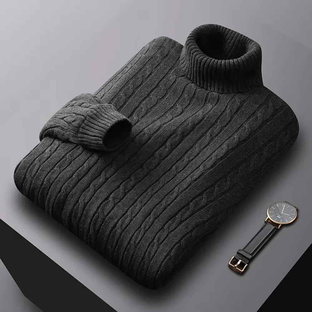 Autumn New Men's Turtleneck Jacquard Sweater Solid Color Knitted Pullover Casual Warmth High Elastic Versatile Male Sweatwear Ürün ana görseli