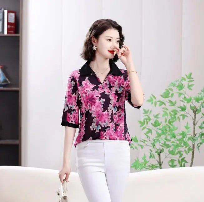 Summer half sleeve Shirt Fashion Commute All-match Ice Silk Printed Button Loose Women's Blouses Top
