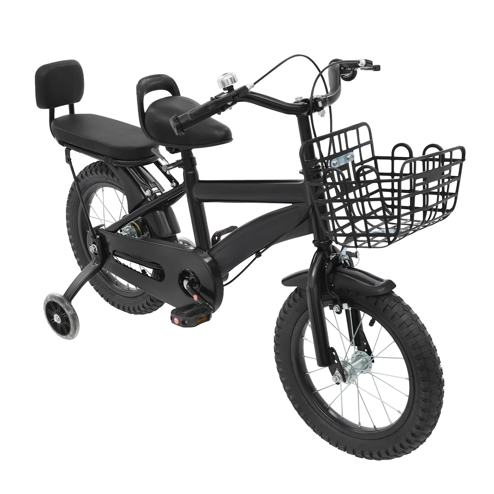 14" Kids Bike Adjustable Children's Bicycle Load 60kg w/Training Wheels+Basket+Backrest Rear Seat for 3-7 Year Old (White/Black)
