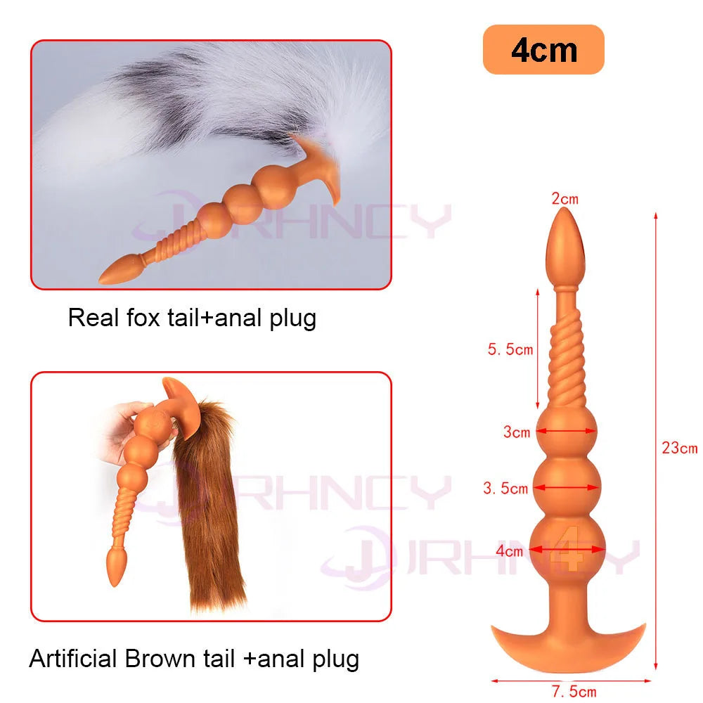 3-10cm Huge Anal Plug with Tail Sex Toys for Adult Games Couples DIY Cosplay Big Butt Plug Silicone Soft Long Anal Beads Women