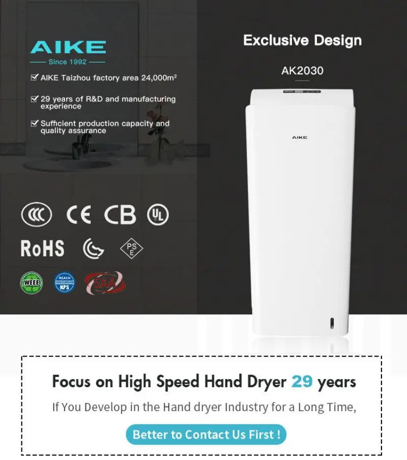 AIKE 7-10s Bathroom Vertical Hand Dryer Automatic High Speed Hand Dryer with UV Germicidal Lamp HEPA Filter and Brushless Motor