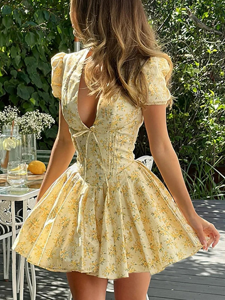 Vintage Floral Print Yellow Pleated Mini Dress Women Summer Puff Sleeve V Neck Party Beach Dresses Elegant Chic Y2K Vestidos Secondary image