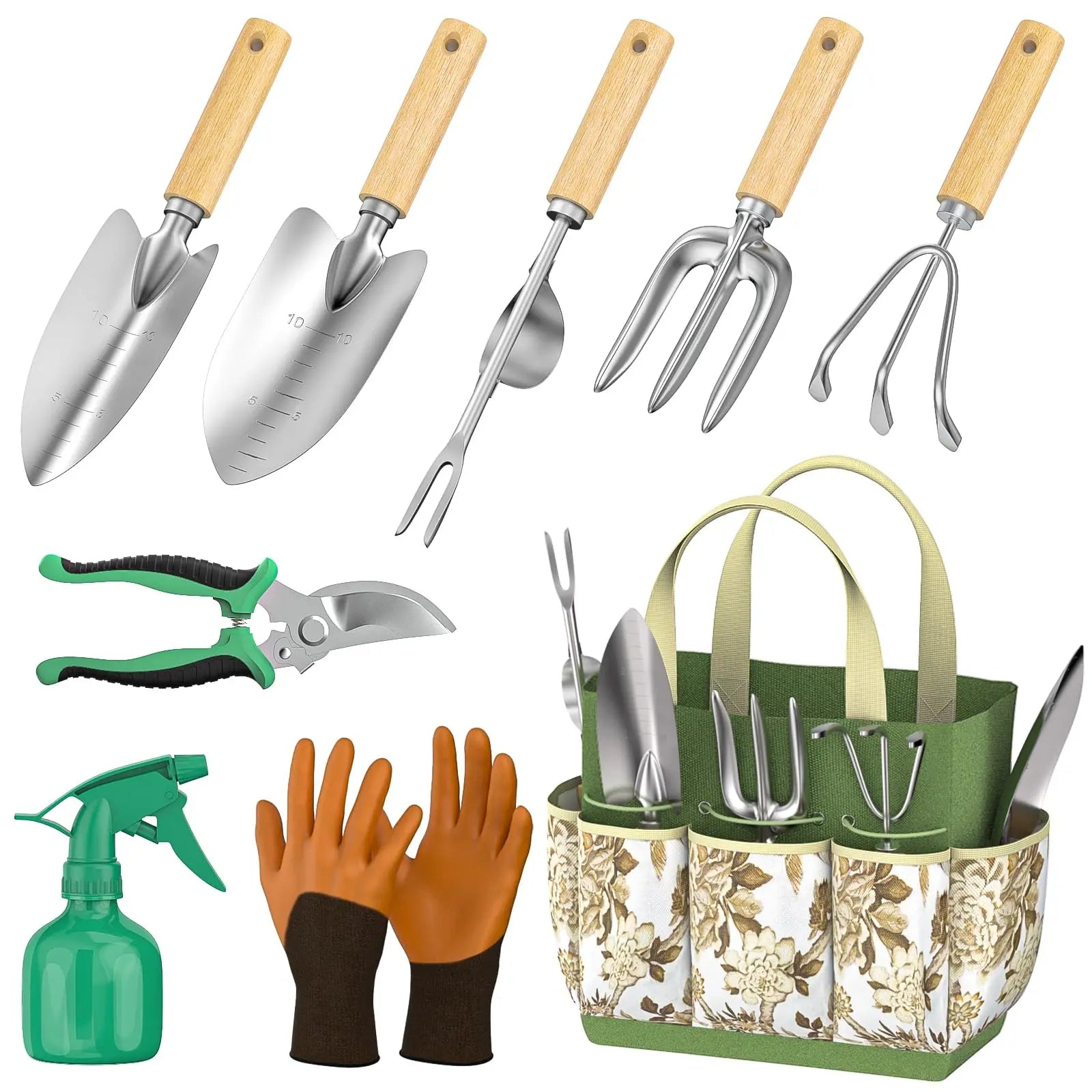 9 Piece Garden Weeding Tools Stainless Steel Gardening Tool Set with Wooden Handle, Weeder Ürün ana görseli