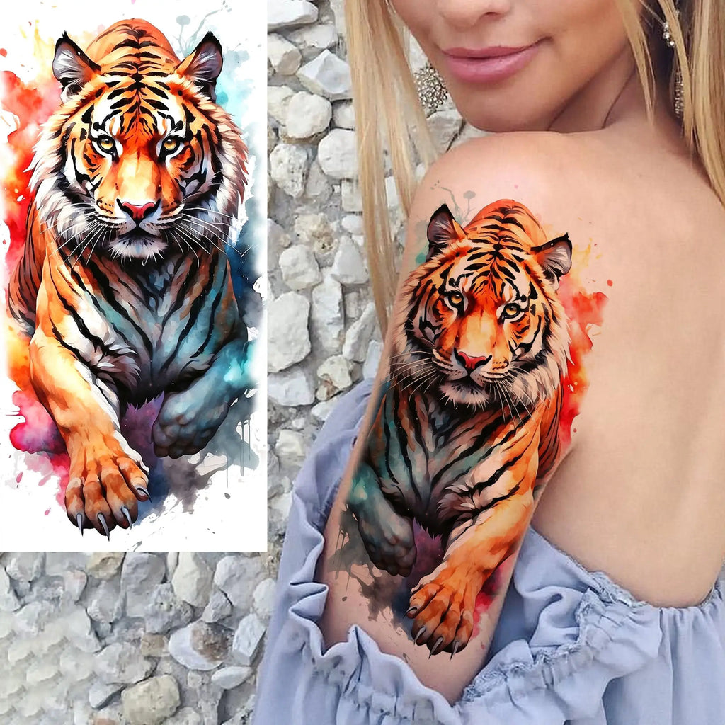 1 Sheet Unique Watercolr Lion Tiger Animals Temporary Tattoos Long Lasting Waterproof Fox Owl Fake Tattoo Sticker Body Art Tatoo
