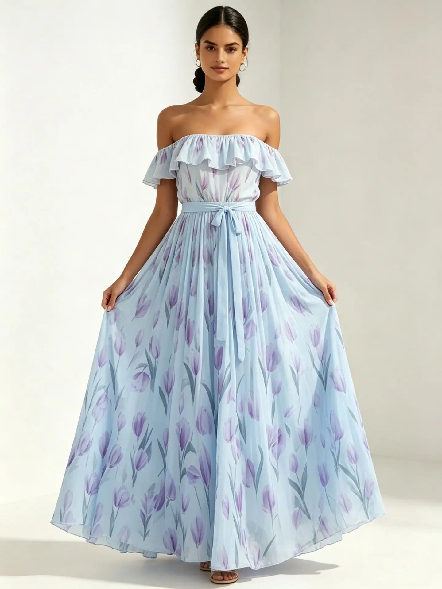 2026 summer off-the-shoulder tulip print plus size slimming square neck maxi dress