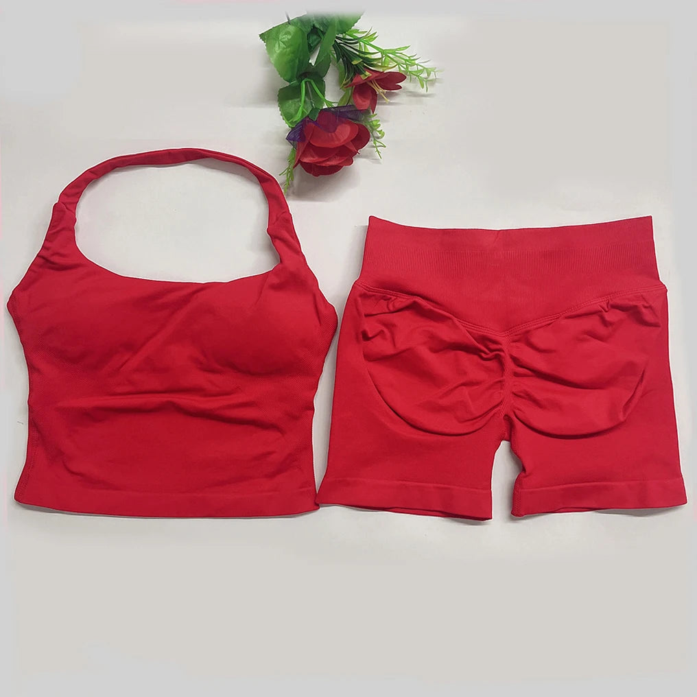 yoga outfits Women 2 pcs Sports DFNNYE Impact Set halterneck Backless Halter Top Seamless Scrunch Shorts Gym Workout Sports Suit